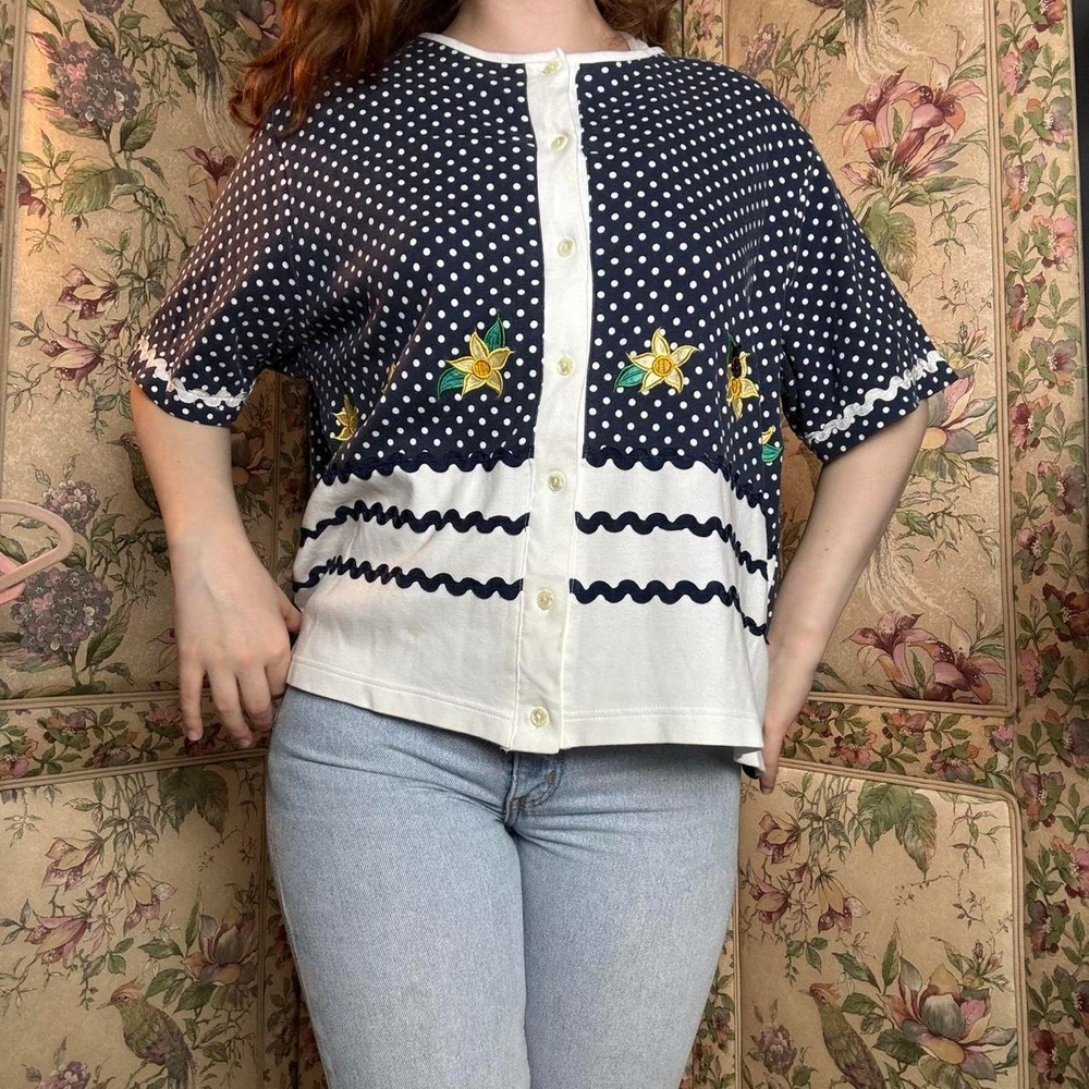 Vintage Bechamel Polka Dot Navy White Floral Embroidered Button Front Top Womens